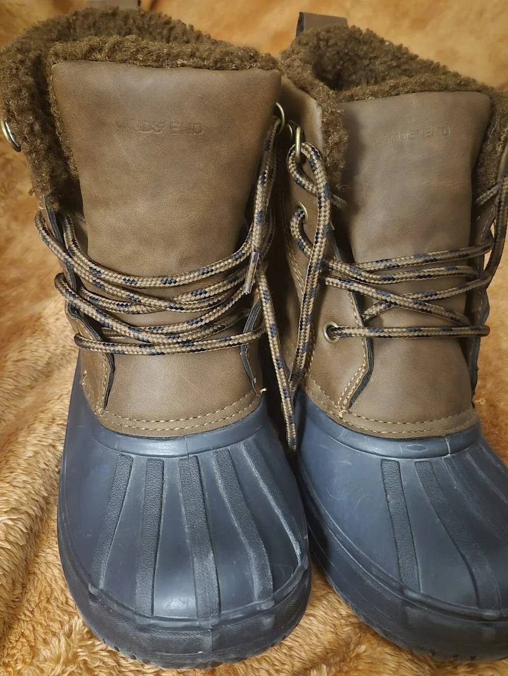 Lands End Big Boys Size 4 Brown Waterproof Duck Boots with Faux Fur Lining